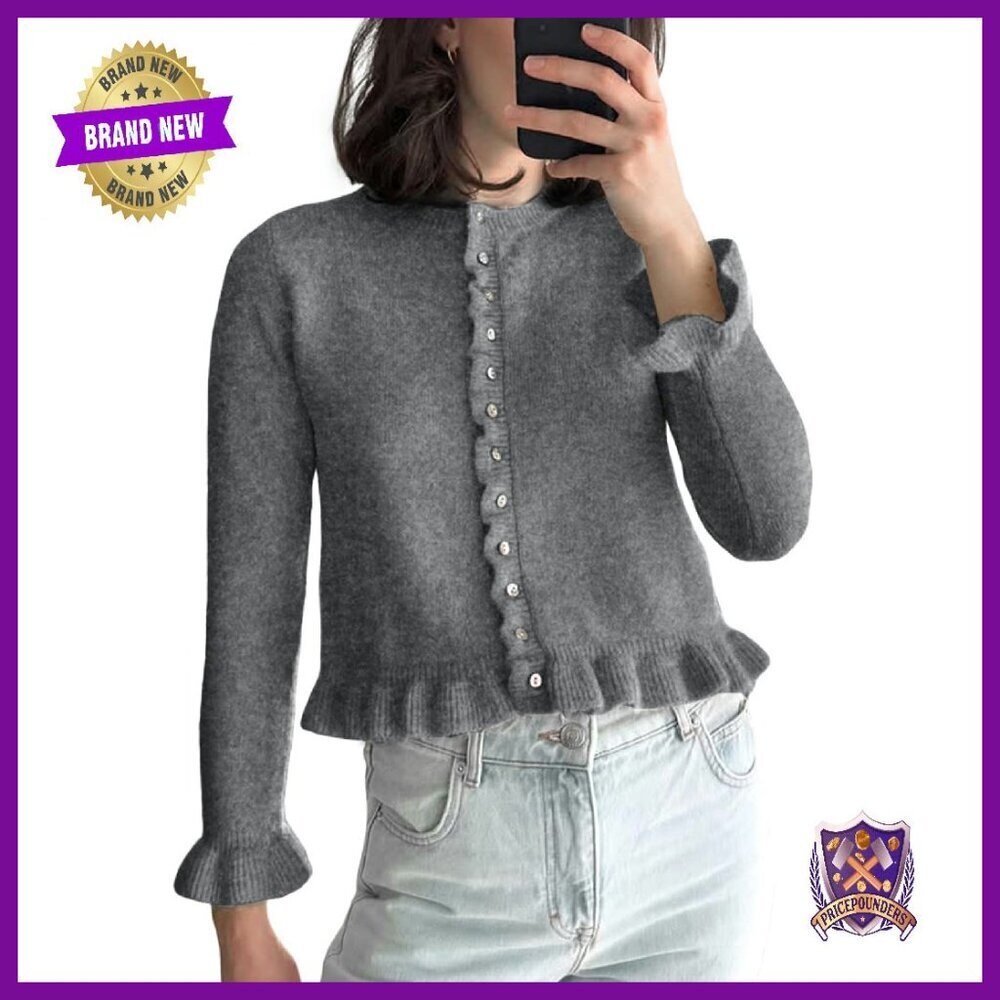 Cropped Button Down Cardigan Sweater, Ruffle Crewneck, Soft Knit